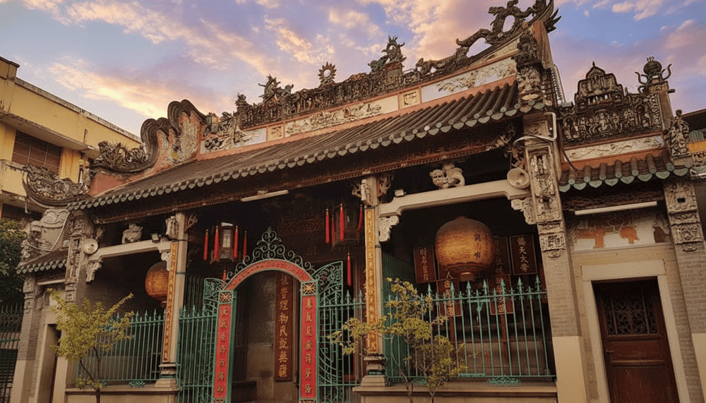 Cổng tam quan có đường cong mềm mại, treo đèn lồng đặc trưng của văn hóa Trung Hoa